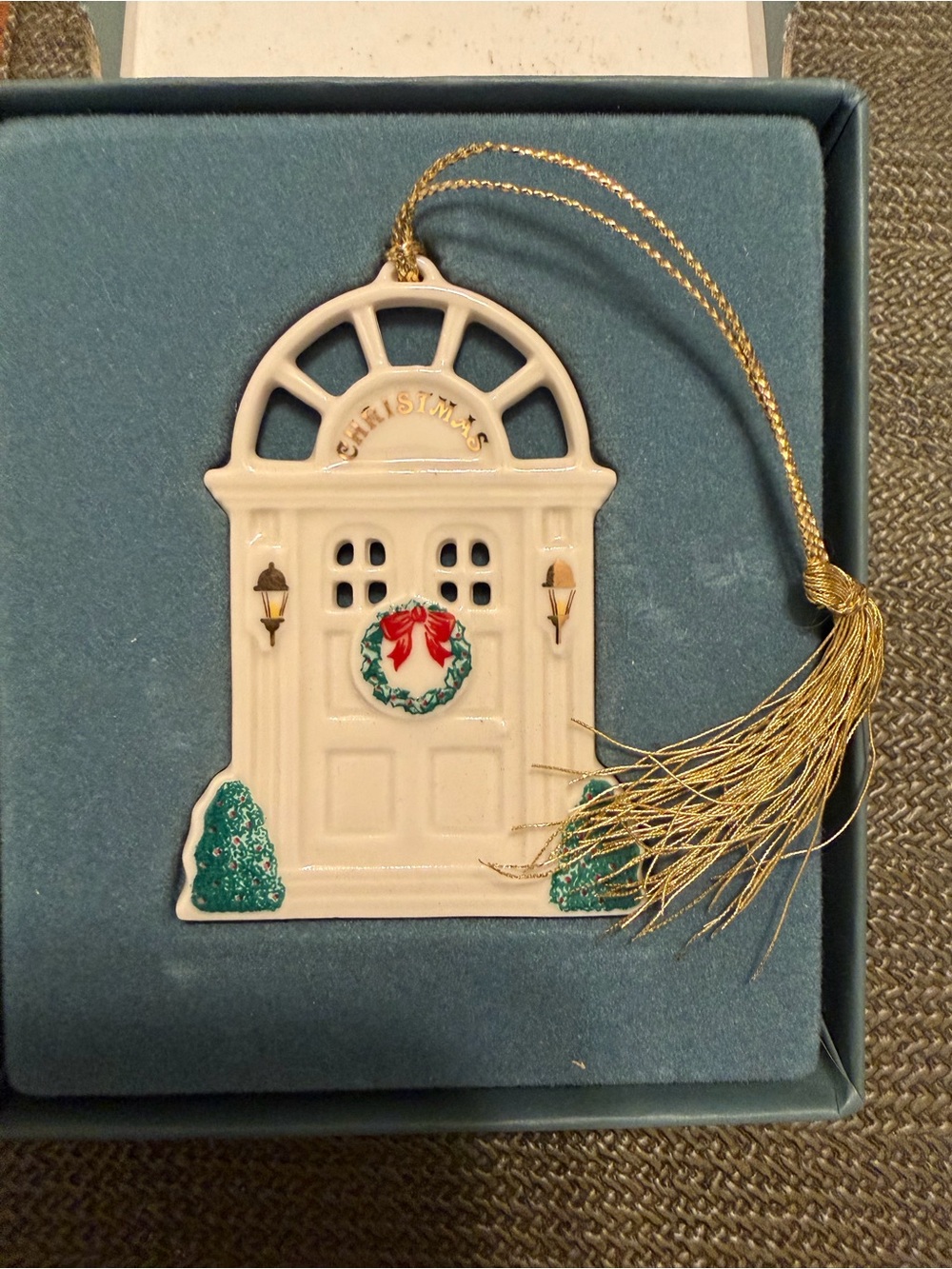 Vintage Lenox Ivory Fine China 1990 Door Christmas Ornament with Gold Tassel MIB